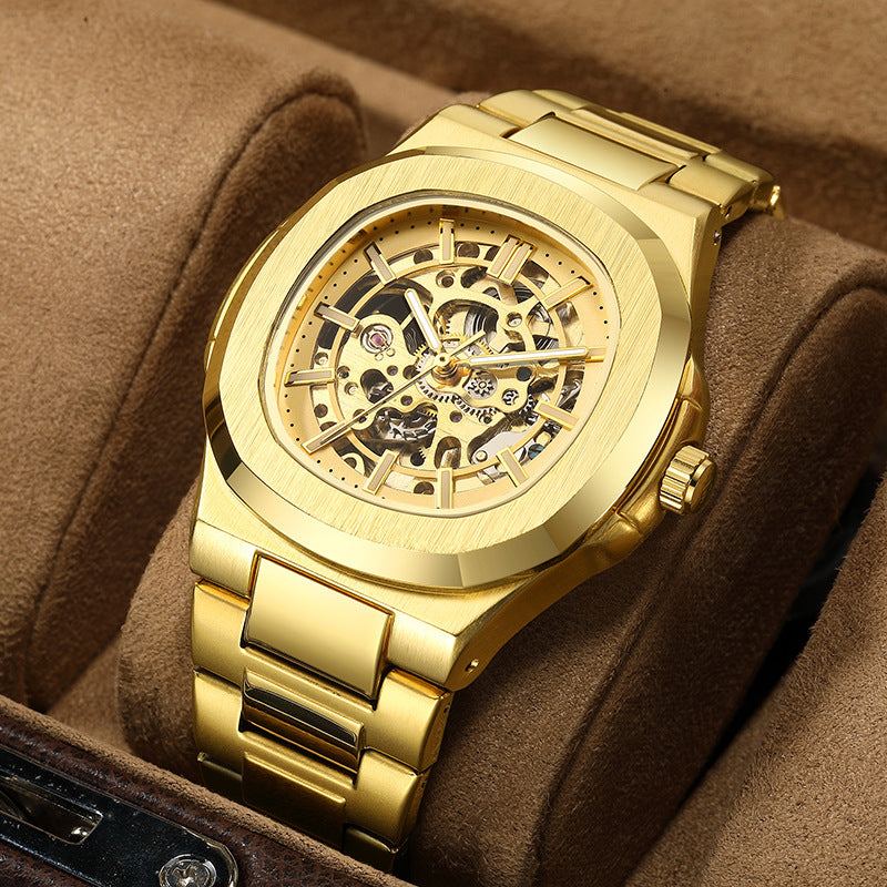 relógio automático masculino horizon aço inox dourado fundo dourado