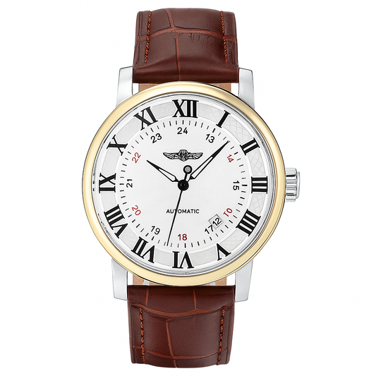 relógio masculino mecânico com pulseira em couro sintético marrom