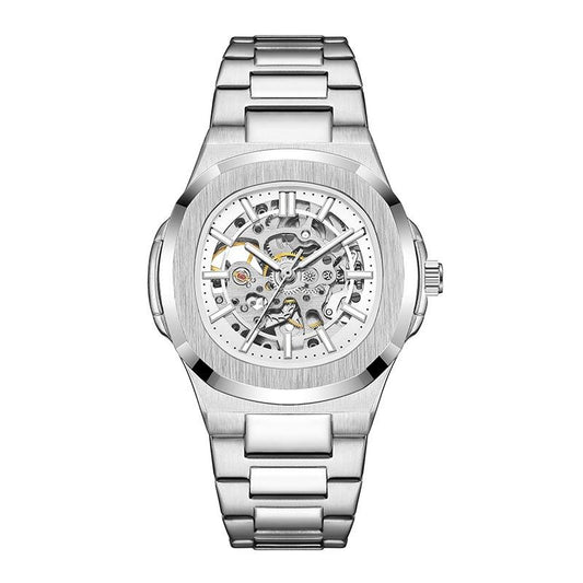 relógio automático masculino horizon aço inox prata fundo branco